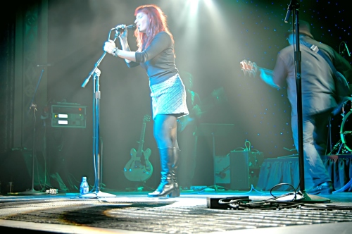 Two Loons for Tea: Shot of Sarah the lead singer framed in White.  John Schlick was the Lighting Designer for this show.